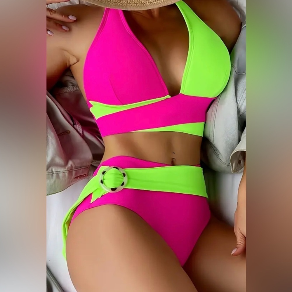 Pink Yellow Color Block Halter High Waist Bikini Set